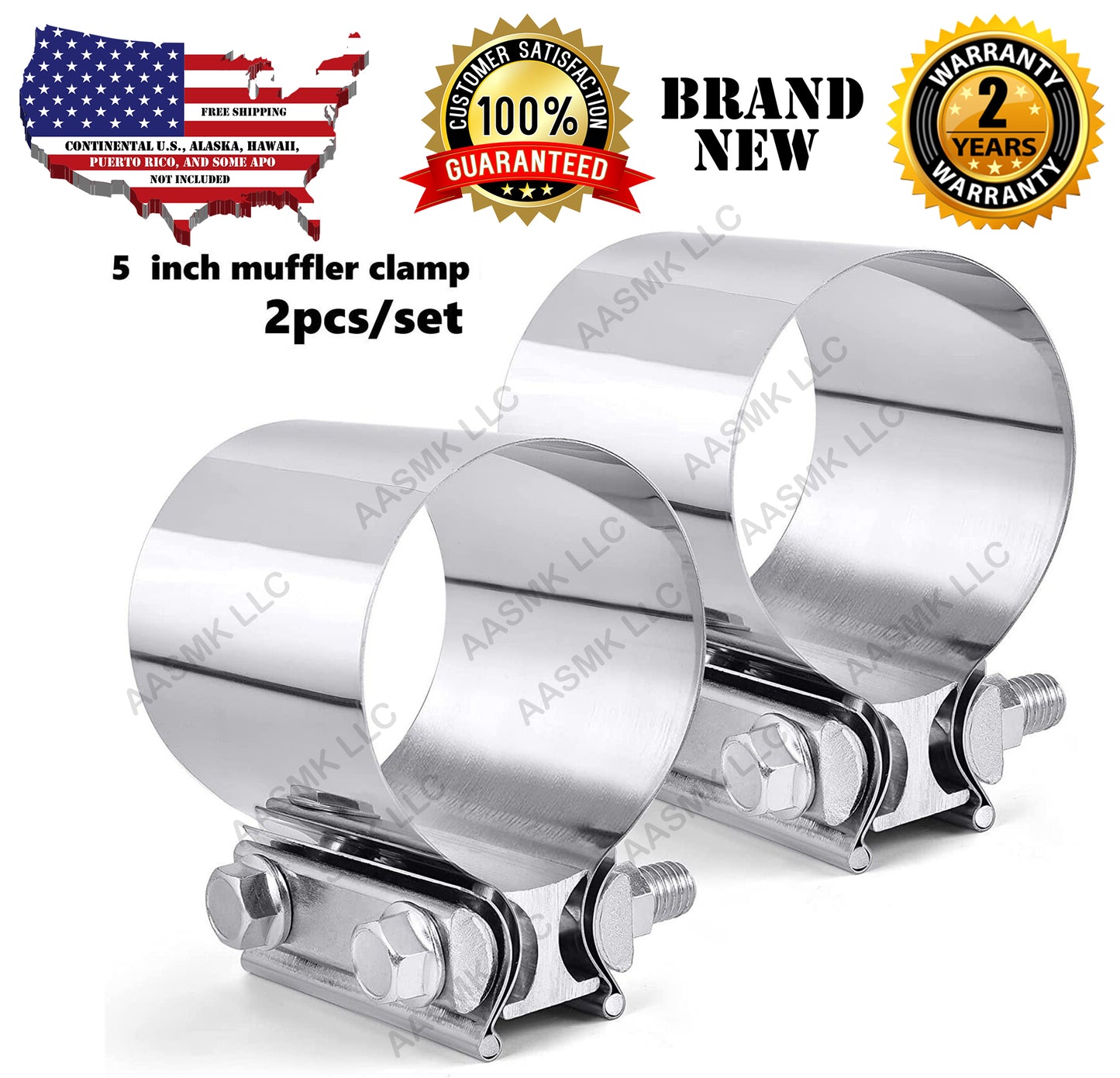 5″ AASMK EASY SEAL STAINLESS STEEL EXHAUST MUFFLER PIPE FLAT BAND CLAMP 2 PIECES